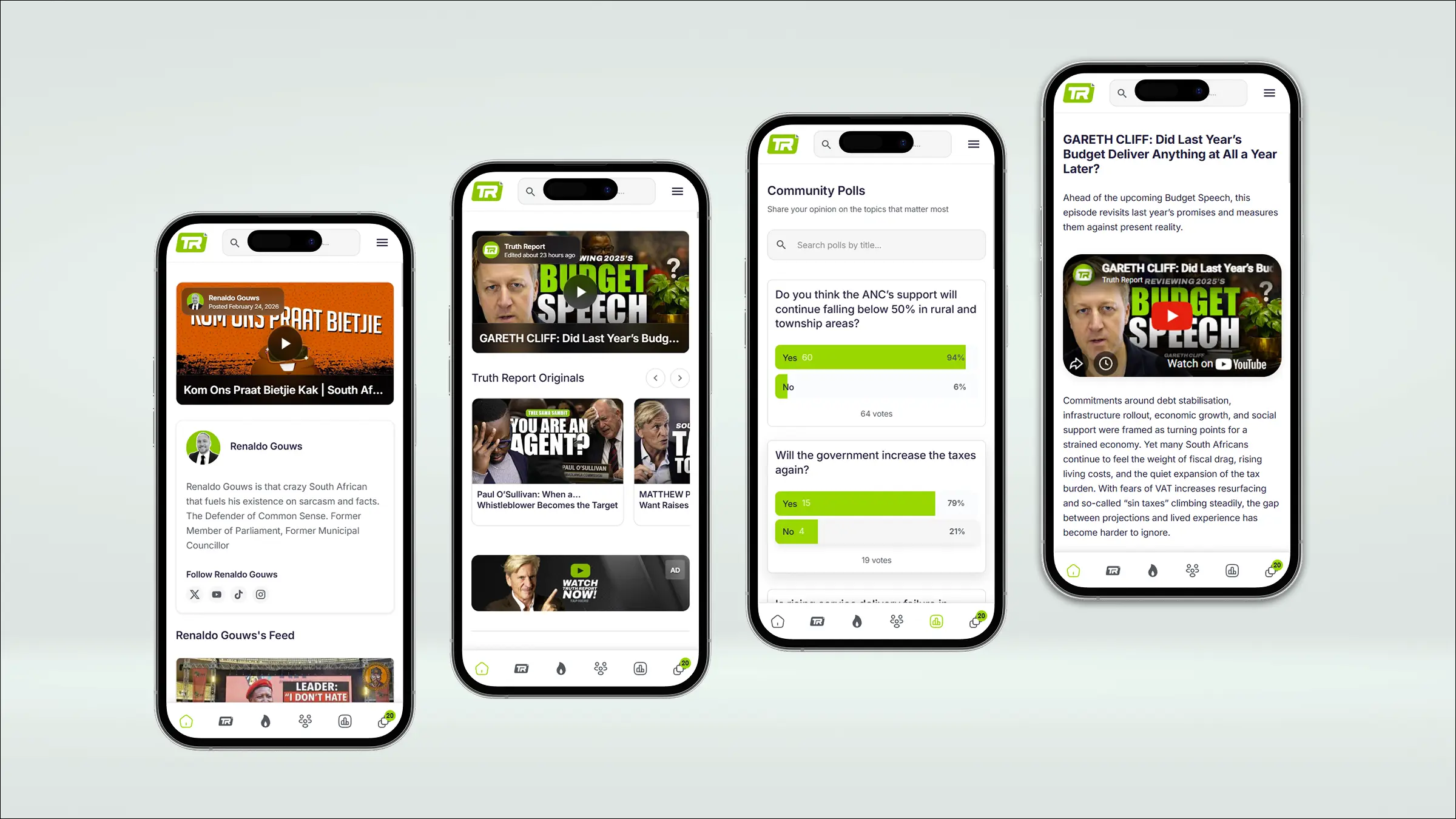 Truth Report news platform shown on four phones, with articles, video and community polls