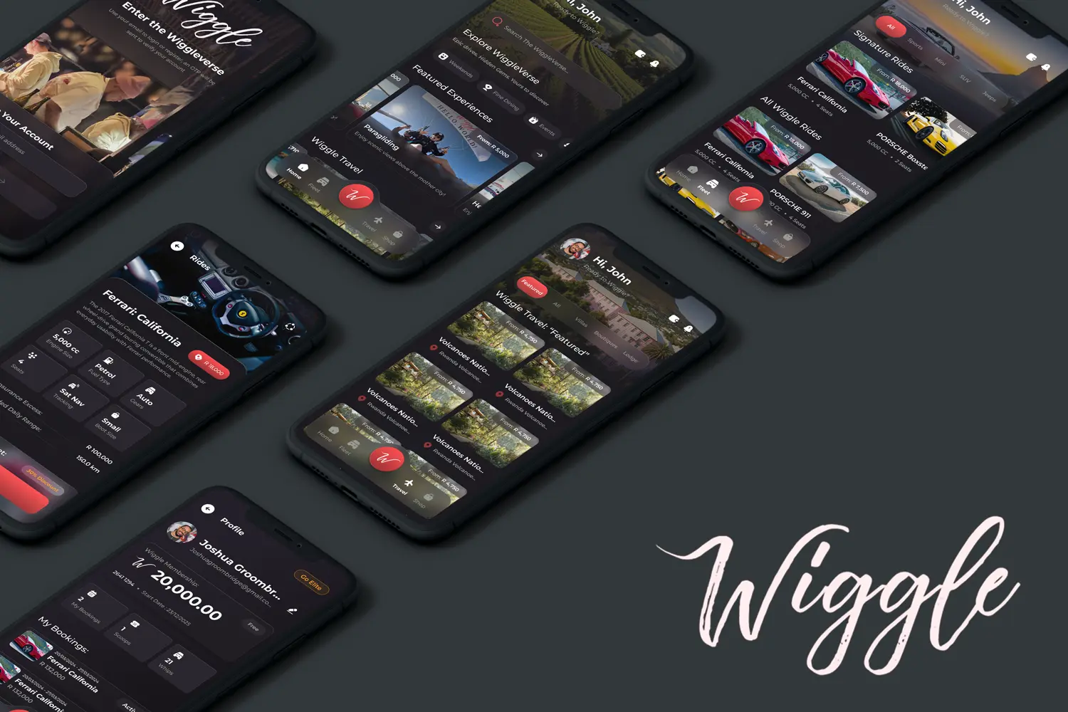 Wiggle app screens showing luxury car hire, travel and membership features